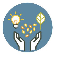 Icon of open hands with a light bulb and leaves